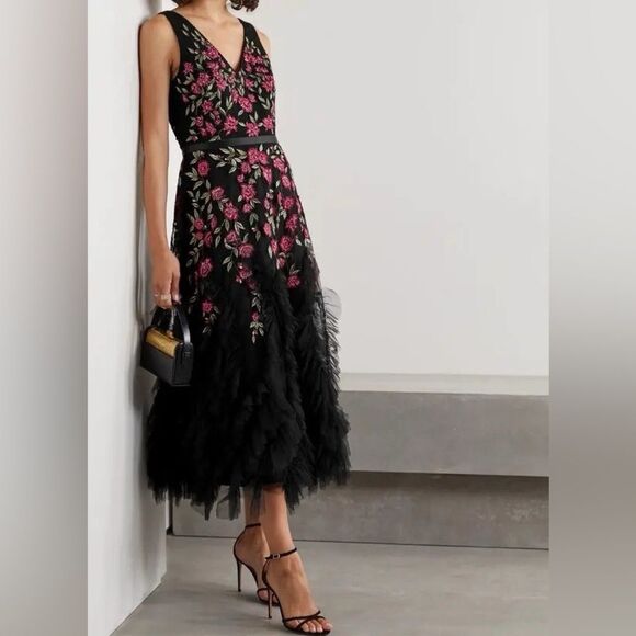 Marchesa Notte Size 4 Ruffle Embroidered Tulle Gown Black Pink Floral Formal NWT - Picture 15 of 16